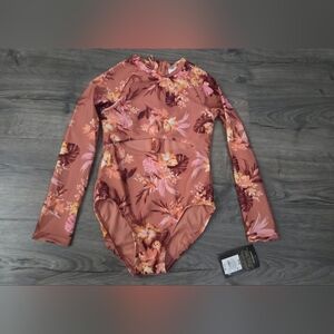 Girls brown floral rashguard swimsuit size 8 NWT